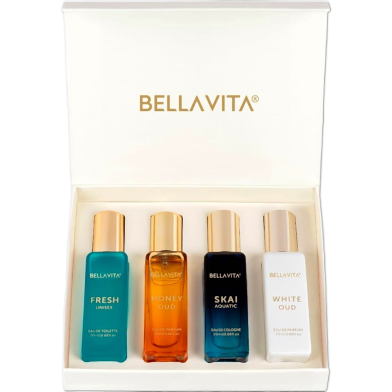 Bella Vita Luxury Long Lasting Unisex Perfume Gift Set | 4x20ml Perfume for Man & Woman | Woody, Aquatic, Sweet, Premium Fragrance Scent | SKAI, FRESH, WHITEOUD, HONEY OUD |